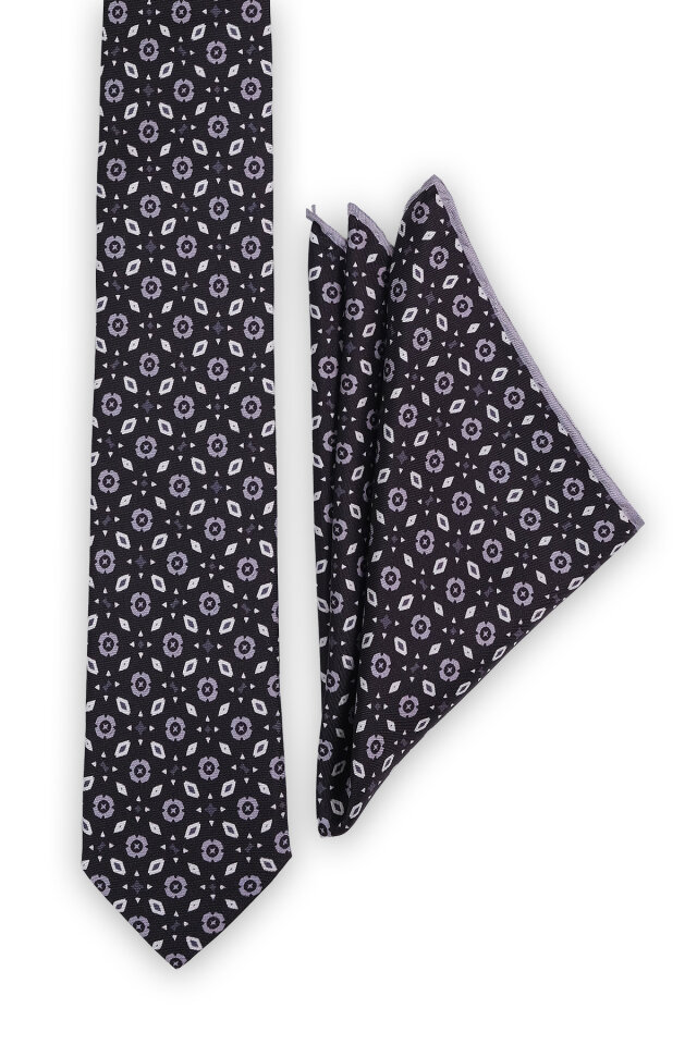 Siyah Desenli İpek Kravat Takımı - 2