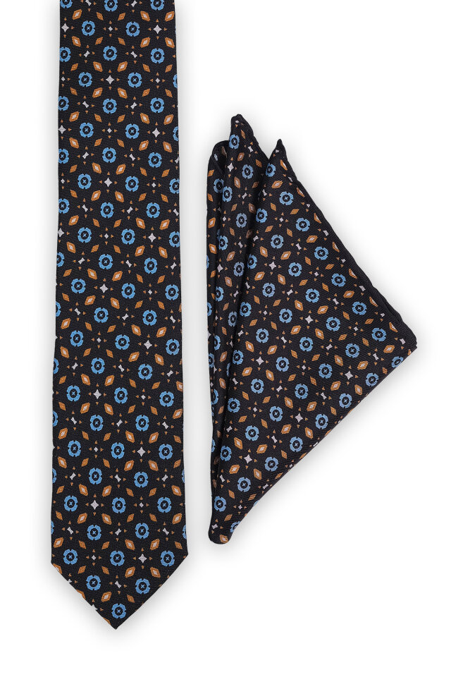 Siyah Desenli İpek Kravat Takımı - 2