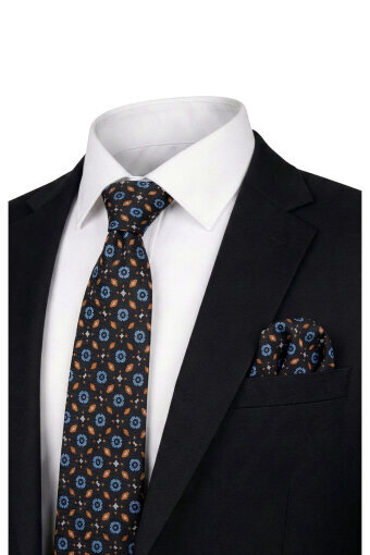Siyah Desenli İpek Kravat Takımı 