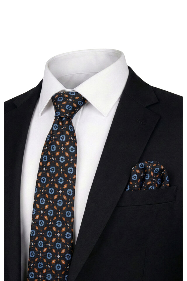 Siyah Desenli İpek Kravat Takımı - Bursa İpek