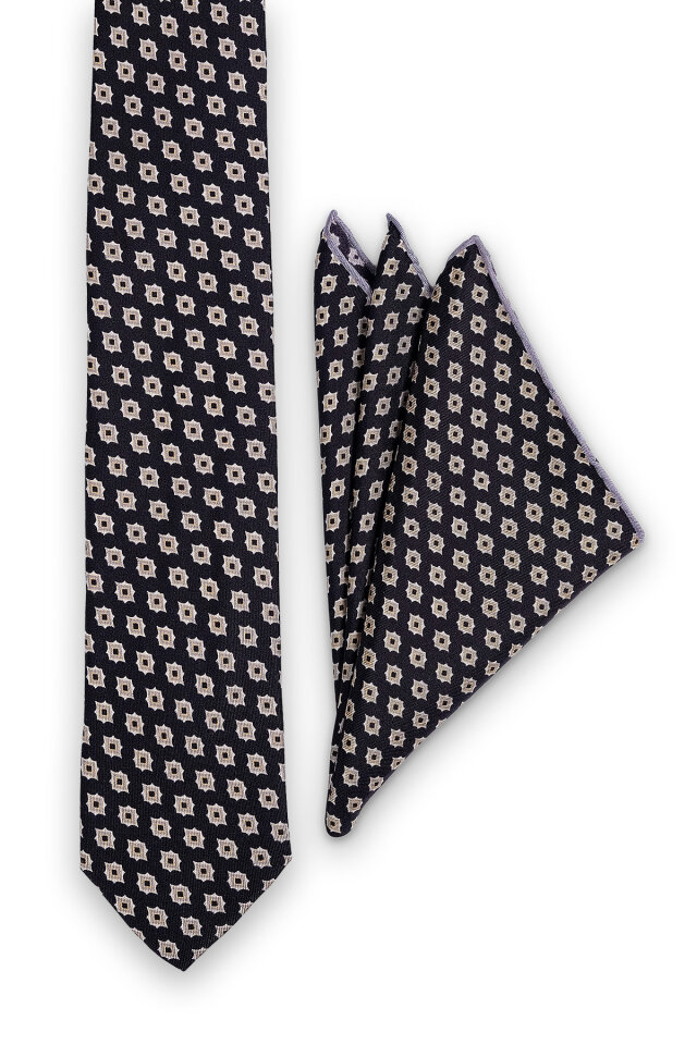 Siyah Desenli İpek Kravat Takımı - 2