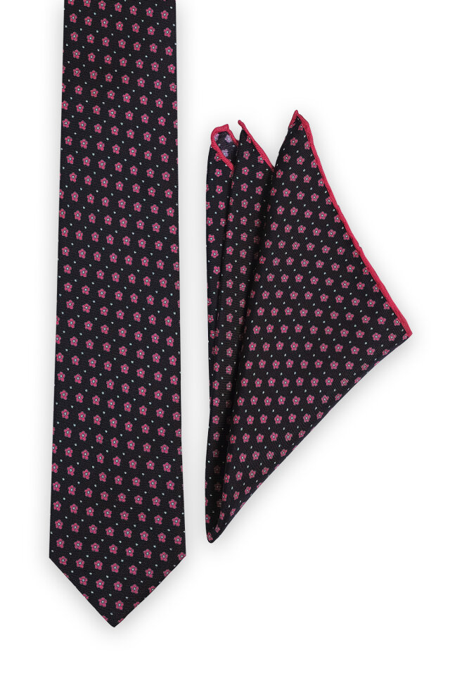 Siyah Desenli İpek Kravat Takımı - 2