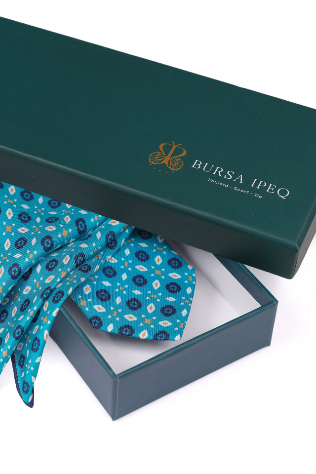 Turkuaz Desenli İpek Kravat Takımı - 4