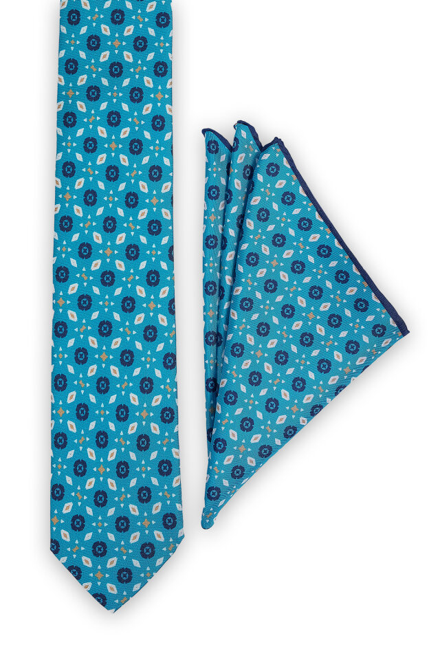 Turkuaz Desenli İpek Kravat Takımı - 2