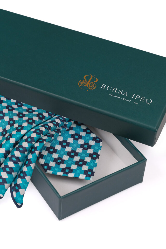 Turkuaz Desenli İpek Kravat Takımı - 4