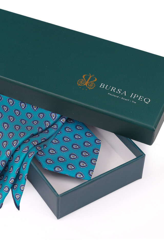 Turkuaz Desenli İpek Kravat Takımı - 4