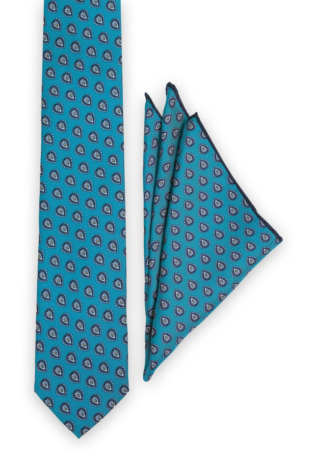 Turkuaz Desenli İpek Kravat Takımı - Bursa İpek