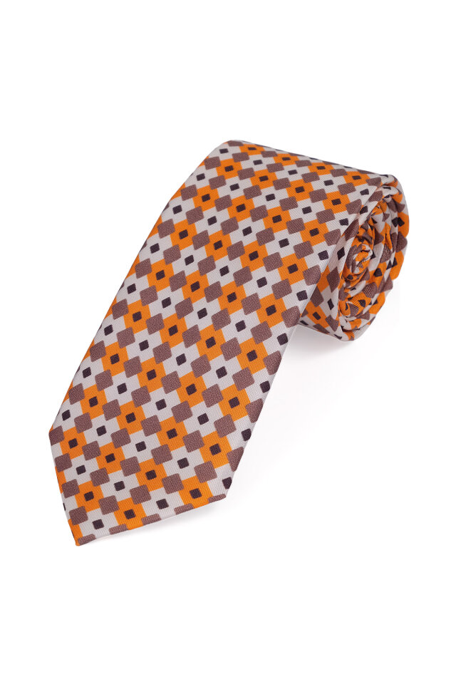 Turuncu Desenli İpek Kravat Takımı - 3