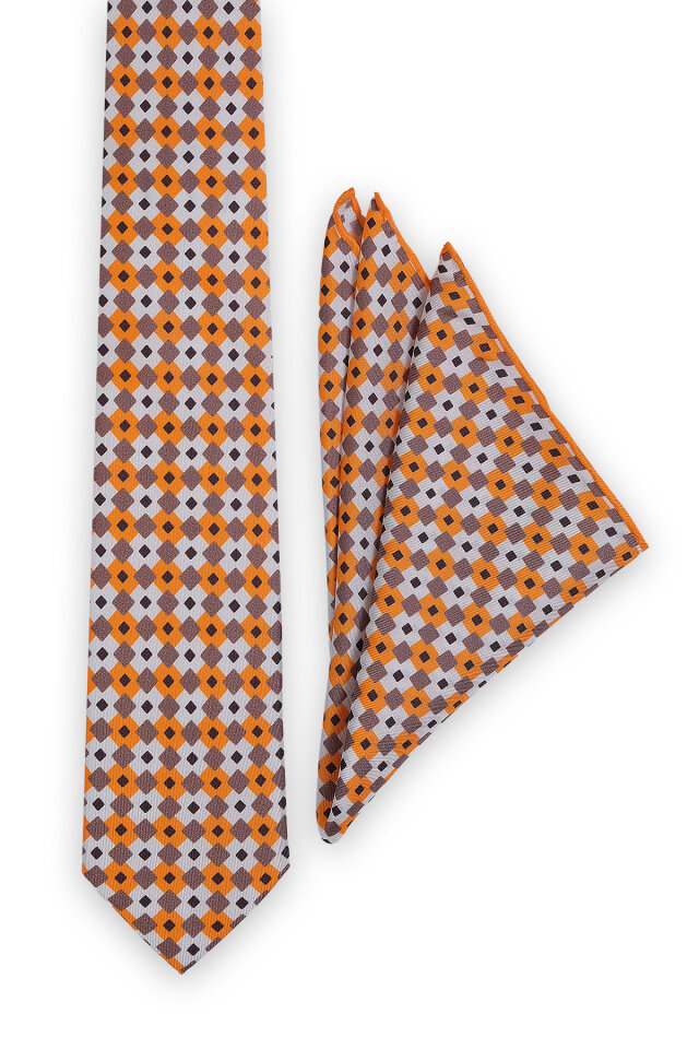 Turuncu Desenli İpek Kravat Takımı - 2