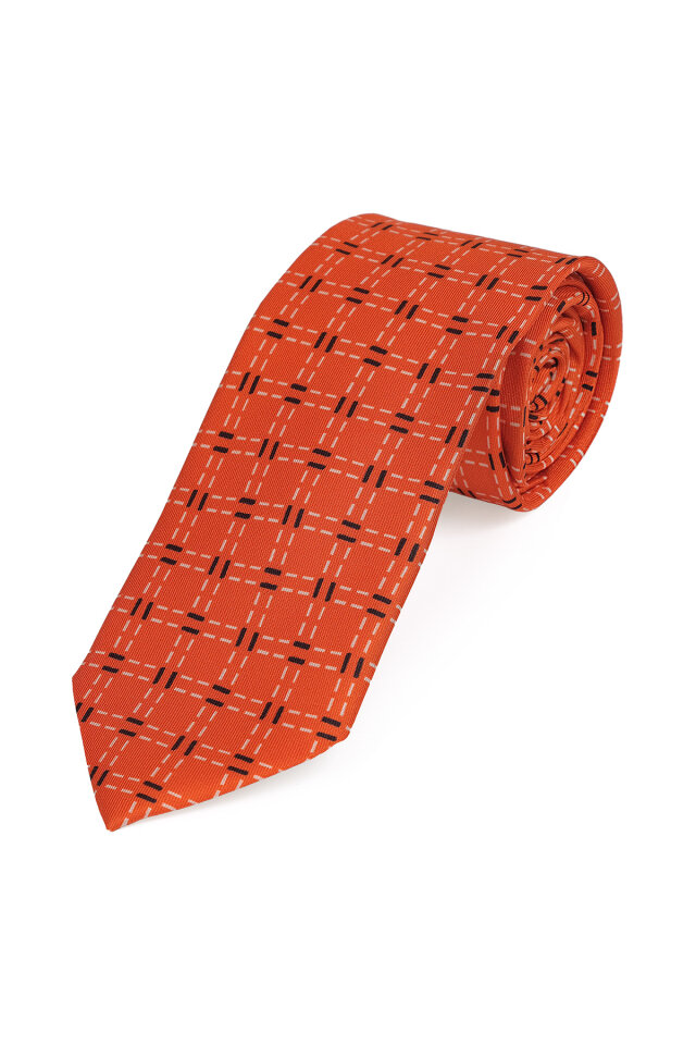 Turuncu Desenli İpek Kravat Takımı - 3