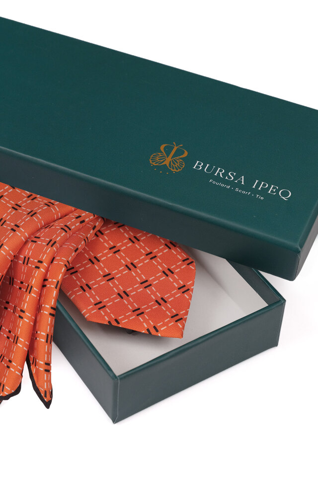 Turuncu Desenli İpek Kravat Takımı - 4