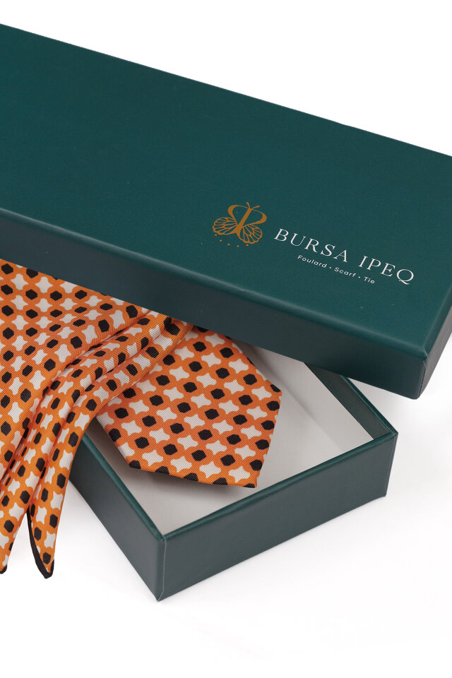 Turuncu Desenli İpek Kravat Takımı - 4