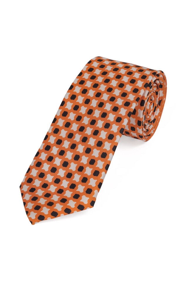 Turuncu Desenli İpek Kravat Takımı - 3