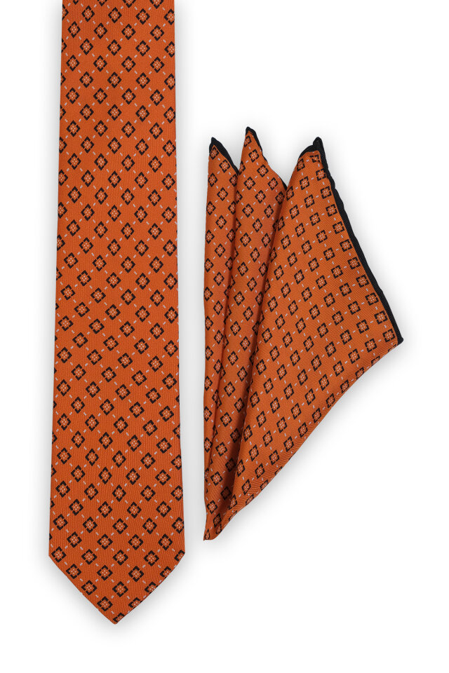 Turuncu Desenli İpek Kravat Takımı - 2