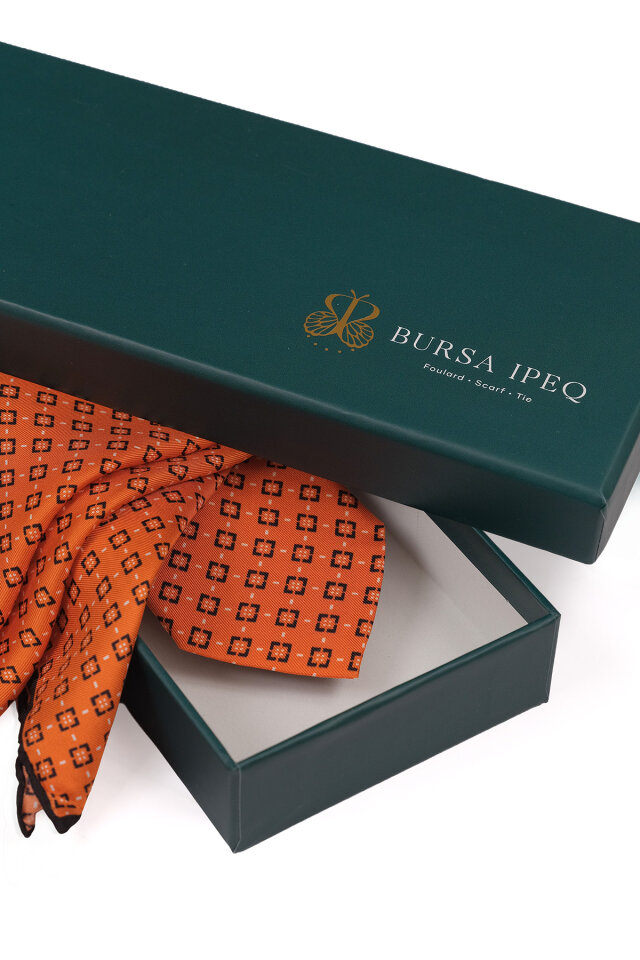 Turuncu Desenli İpek Kravat Takımı - 4