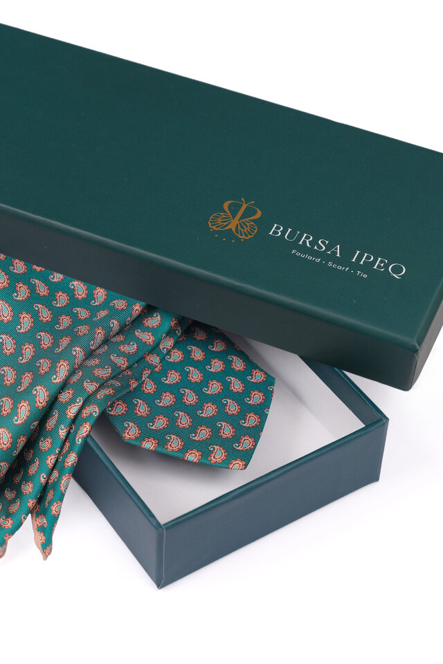 Yeşil Desenli İpek Kravat Takımı - 4