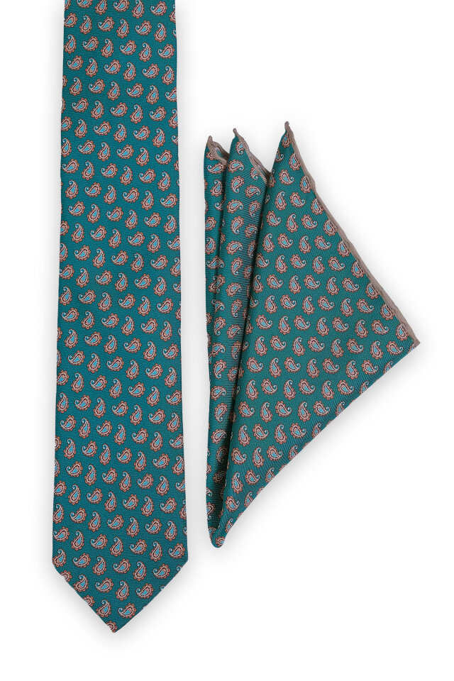 Yeşil Desenli İpek Kravat Takımı - 2