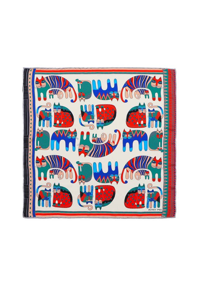 Gri Kırmızı Desenli İpeksi Mendil - 1