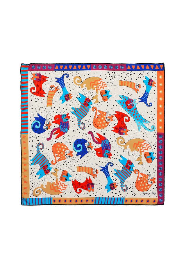 Turkuaz Bej Desenli İpeksi Mendil 