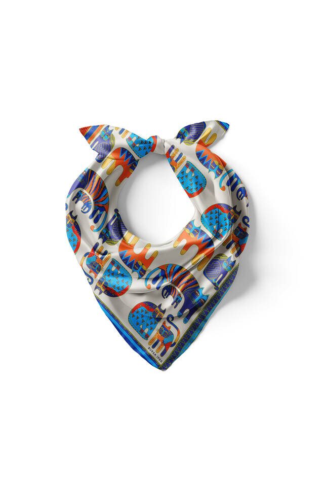 Turkuaz Turuncu Desenli İpeksi Mendil - 2