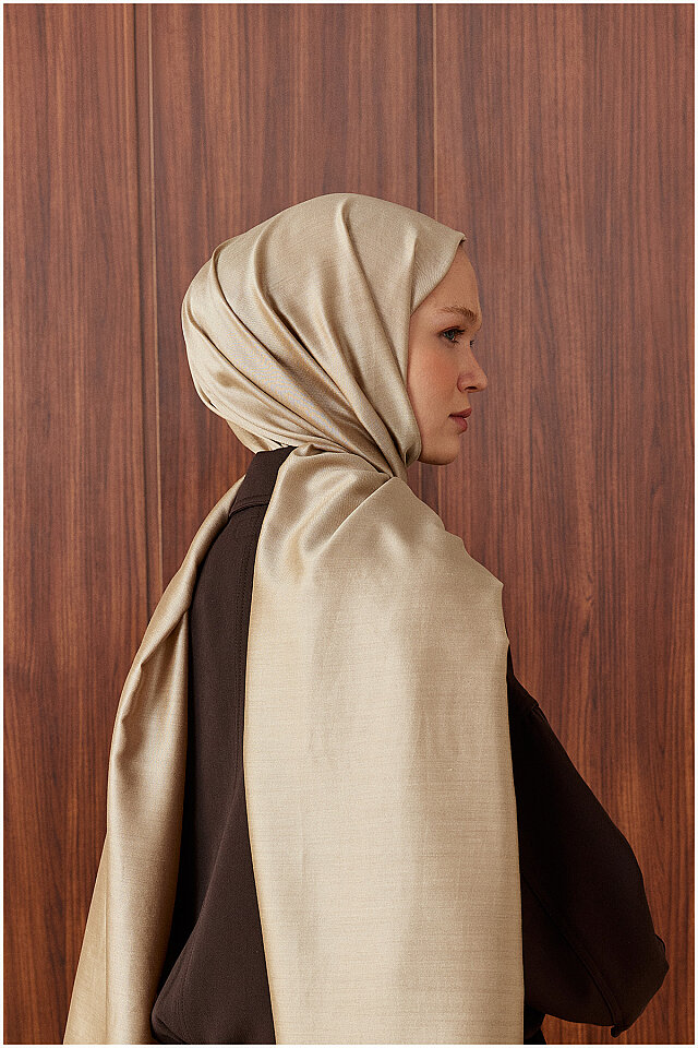 Beige Brown Double-Sided Silk Shawl - Bursa İpek