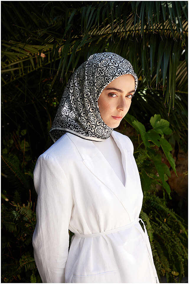 Cream Dream Pattern Twill Silk Scarf - Bursa İpek