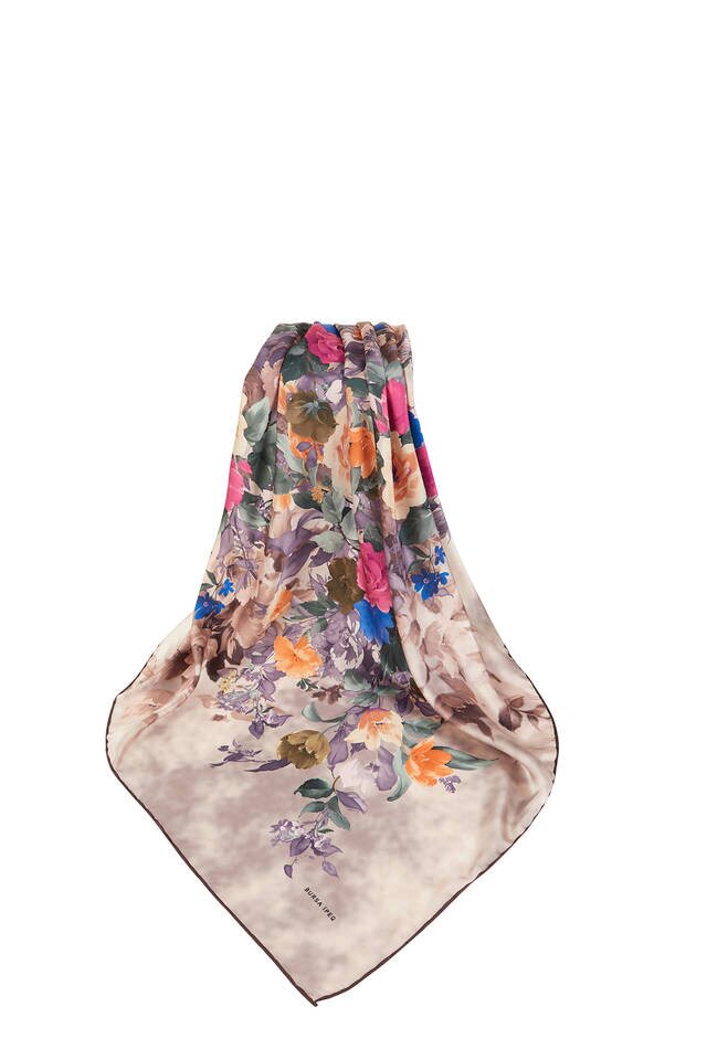Dried Rose Bouquet Pattern Silky Square Scarf - 3