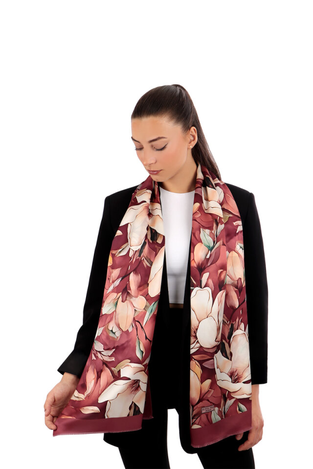 Dried Rose Daffodil Pattern Silk Foulard - Bursa İpek