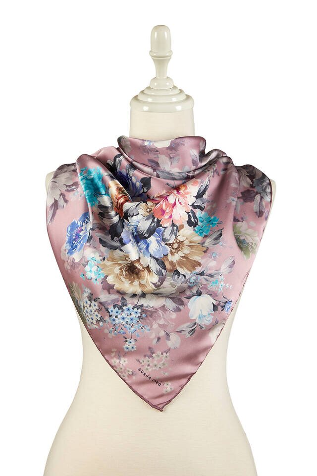 Dried Rose Quadflower Pattern Silky Square Scarf - 2