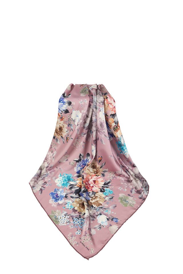 Dried Rose Quadflower Pattern Silky Square Scarf - 3