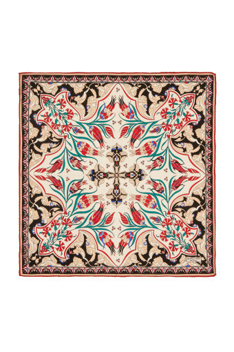 Ecru Black Carnation Tulip Pattern Silk Pocket Square 