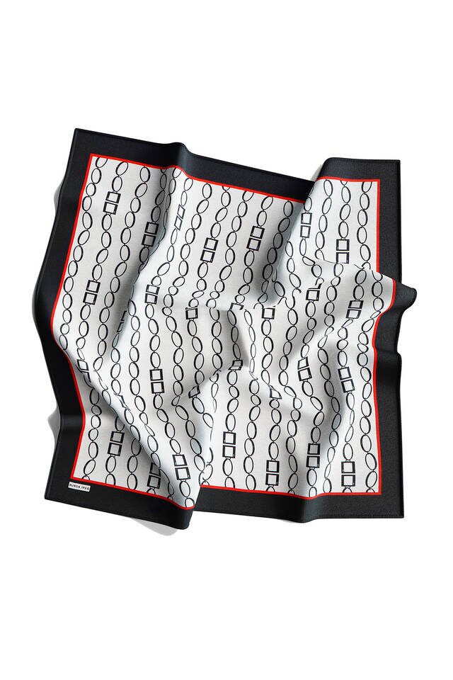 Ecru Black Chain Pattern Twill Silk Square Scarf - 4
