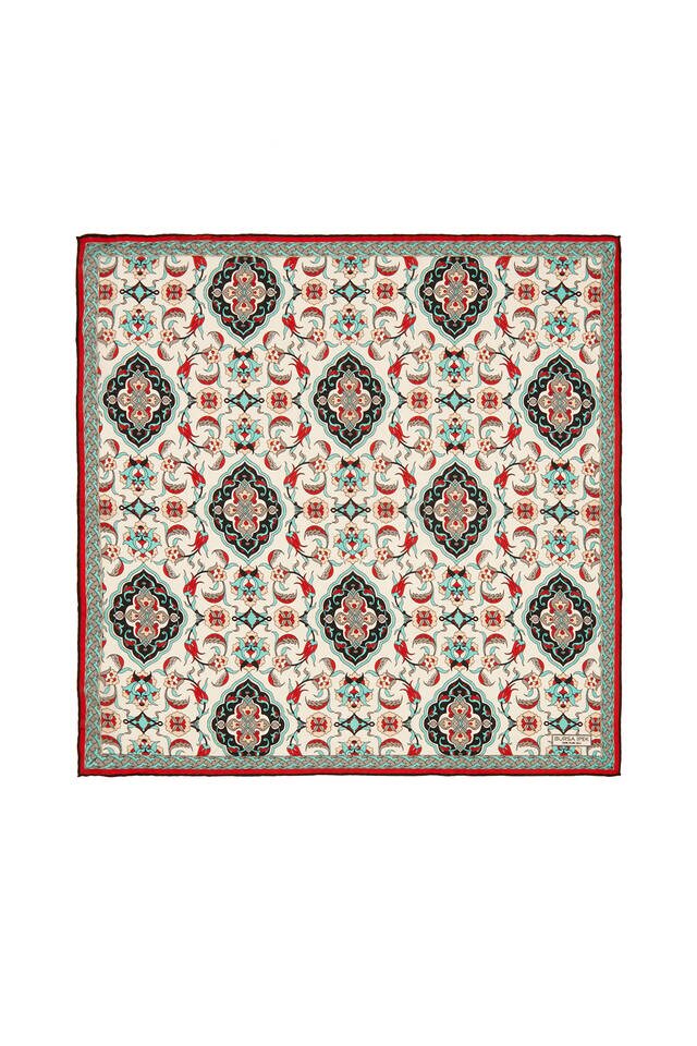 Ecru Black Tile Tulip Pattern Silk Pocket Square - 1