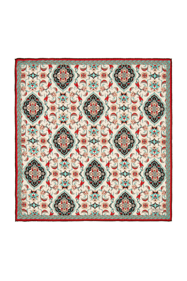 Ecru Black Tile Tulip Pattern Silk Pocket Square 