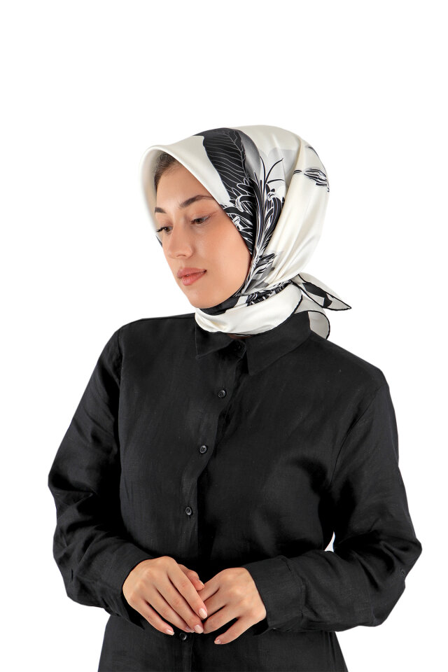 Ecru Çağla Pattern Twill Silk Square Scarf 