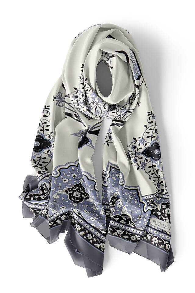 Ecru Gray Candlestick Tulip Silk Foulard - 3