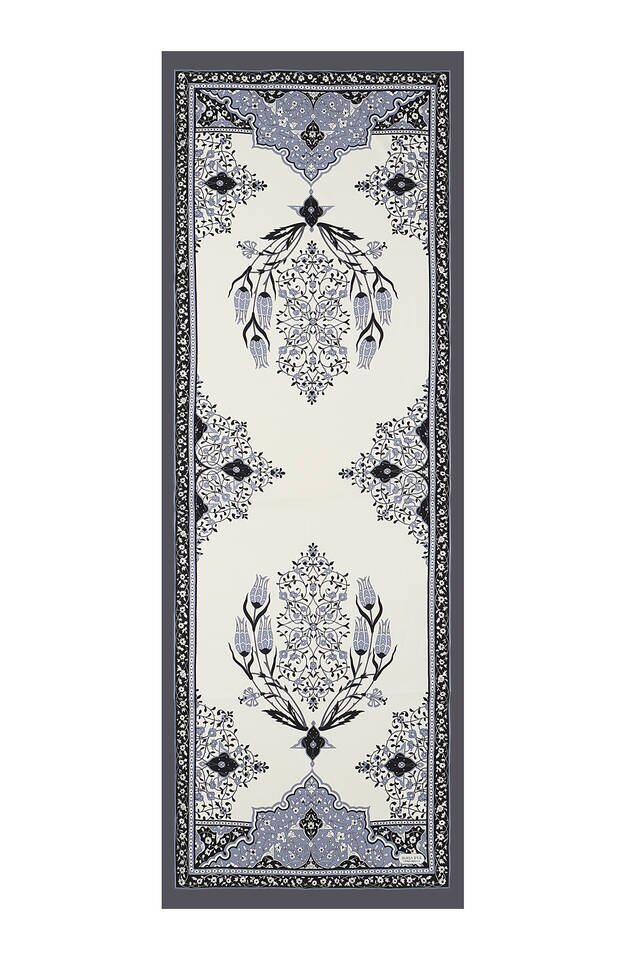 Ecru Gray Candlestick Tulip Silk Foulard - 4