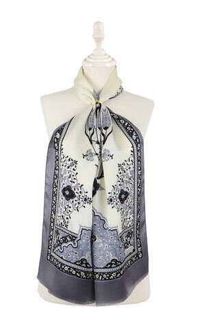 Ecru Gray Candlestick Tulip Silk Foulard 