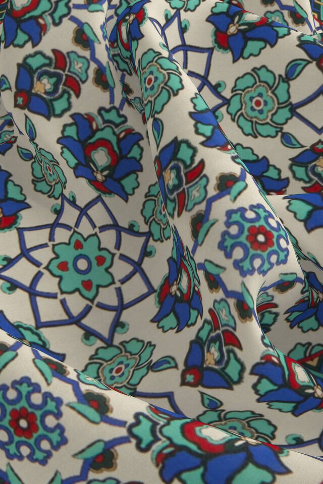 Ecru Green Motif Pattern Silk Pocket Square - 3