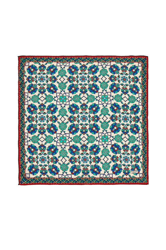 Ecru Green Motif Pattern Silk Pocket Square 