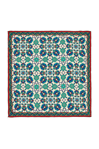 Ecru Green Motif Pattern Silk Pocket Square 