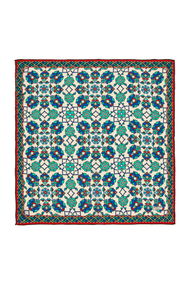 Ecru Green Motif Pattern Silk Pocket Square - Bursa İpek