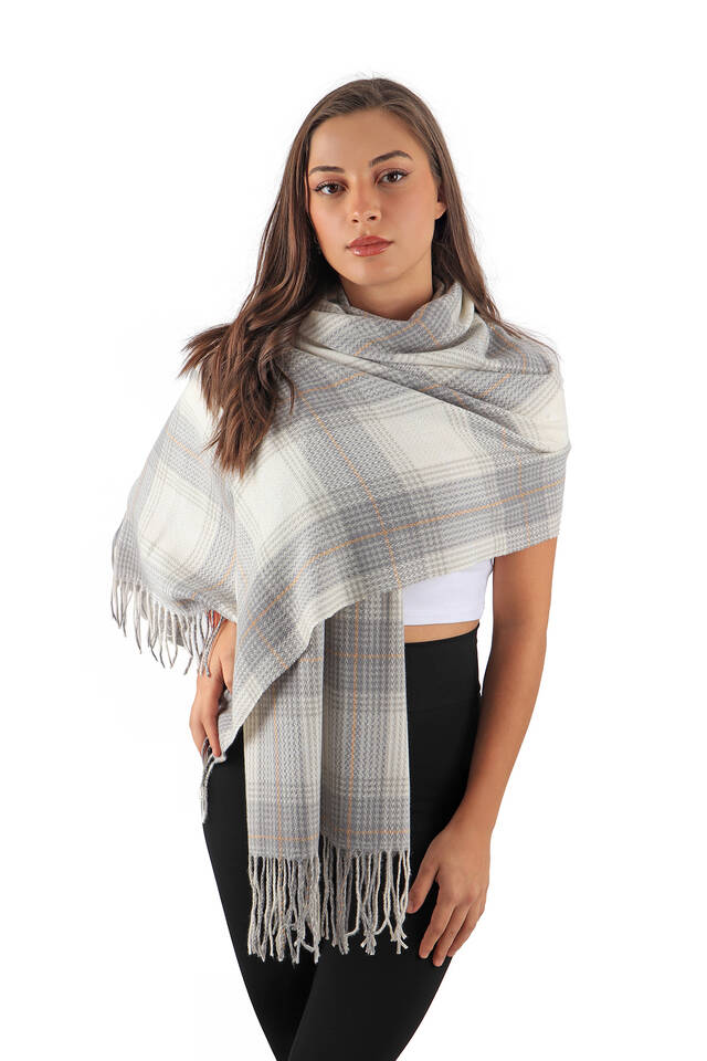 Ecru Grey Patterned Winter Shawl - 2