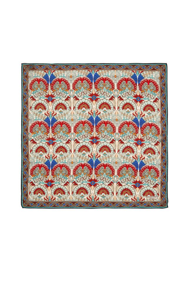Ecru Mint Peacock Pattern Silk Pocket Square - Bursa İpek