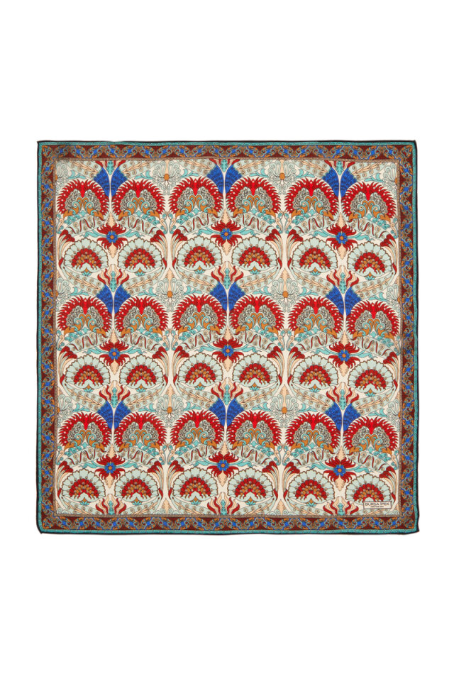 Ecru Mint Peacock Pattern Silk Pocket Square - Bursa İpek