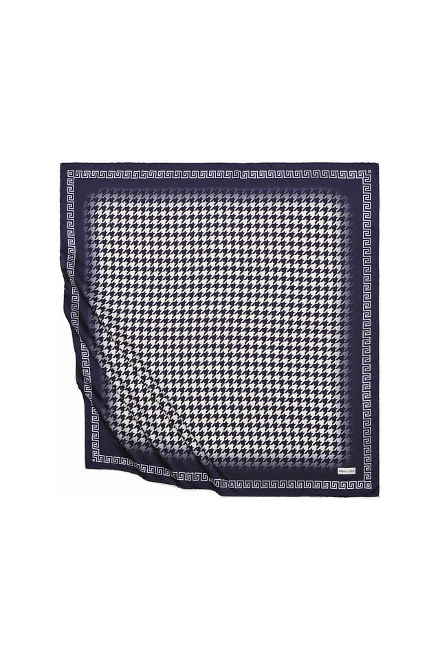 Ecru Navy Blue Crowbar Silk Square Scarf - Bursa İpek