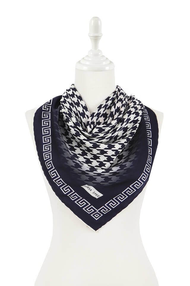 Ecru Navy Blue Crowbar Silk Square Scarf - 2