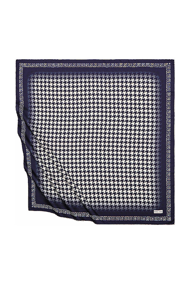 Ecru Navy Blue Crowbar Silk Square Scarf - Bursa İpek