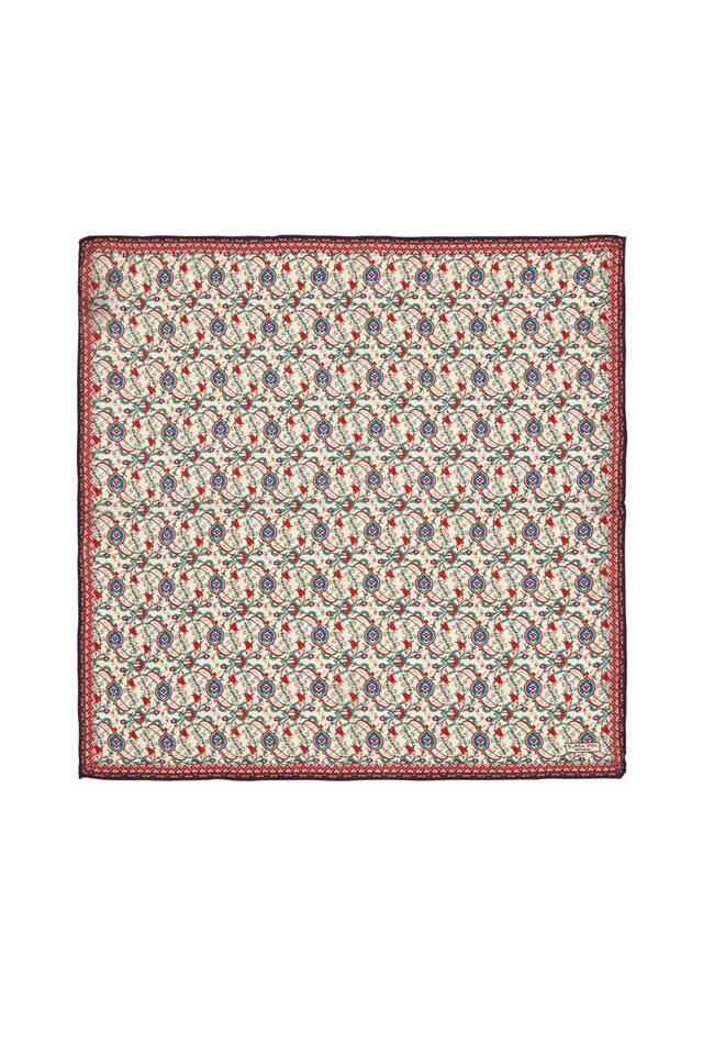 Ecru Navy Blue Ivy Tulip Pattern Silk Pocket Square - Bursa İpek