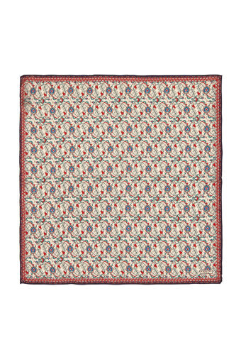 Ecru Navy Blue Ivy Tulip Pattern Silk Pocket Square 